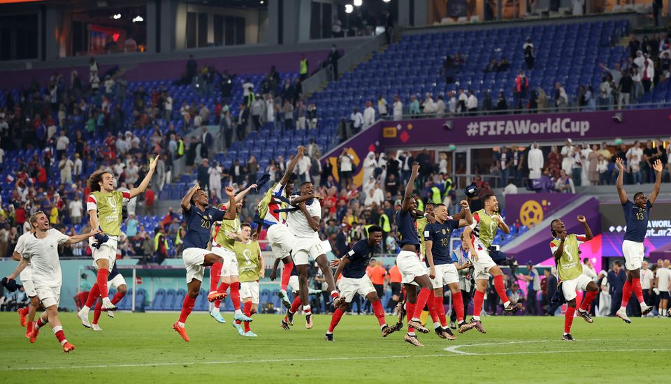 Soccer Football - FIFA World Cup Qatar 2022 - Group D - France v Denmark - Stadium 974, Doha, Qatar - November 26, 2022 France's Kylian Mbappe and teammates celebrate after the match. Photo: Reuters