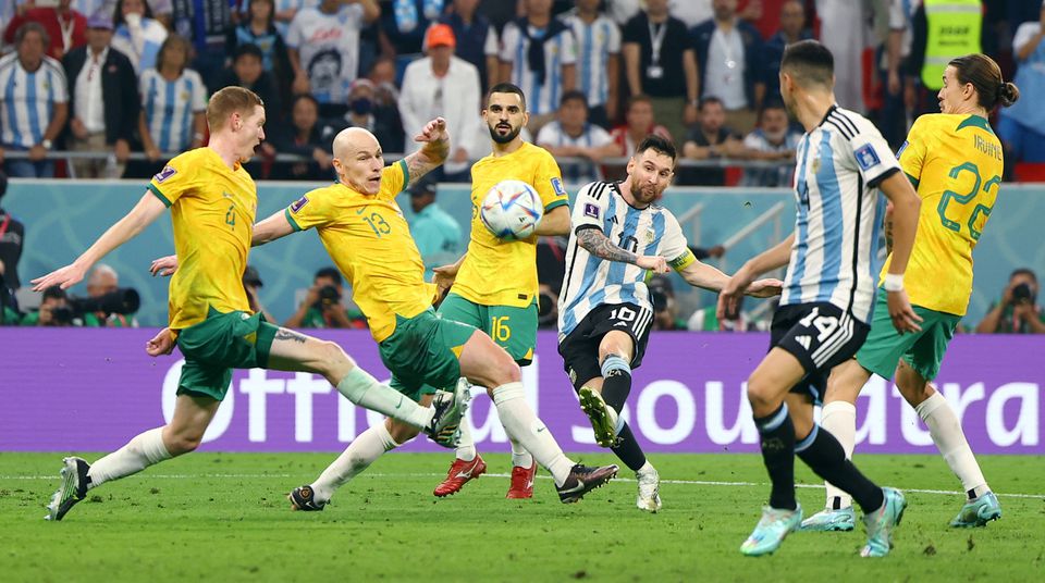 Soccer Football - FIFA World Cup Qatar 2022 - Round of 16 - Argentina v Australia - Ahmad bin Ali Stadium, Al Rayyan, Qatar - December 3, 2022 Argentina's Lionel Messi shoots at goal. Photo: Reuters