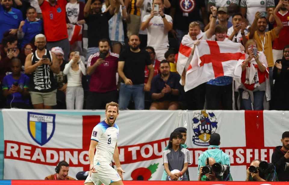 Soccer Football - FIFA World Cup Qatar 2022 - Round of 16 - England v Senegal - Al Bayt Stadium, Al Khor, Qatar - December 4, 2022 England's Harry Kane celebrates scoring their second goal. Photo: Reuters