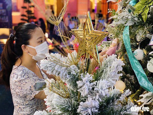 This image shows a woman looking at pine trees, priced at VND3 - 5 million ($125 - 208) each, at a shop in Ho Chi Minh City. Photo: Bong Mai / Tuoi Tre