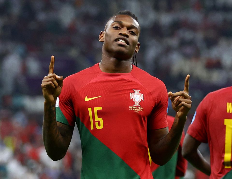 Soccer Football - FIFA World Cup Qatar 2022 - Round of 16 - Portugal v Switzerland - Lusail Stadium, Lusail, Qatar - December 6, 2022 Portugal's Rafael Leao celebrates scoring their sixth goal. Photo: Reuters