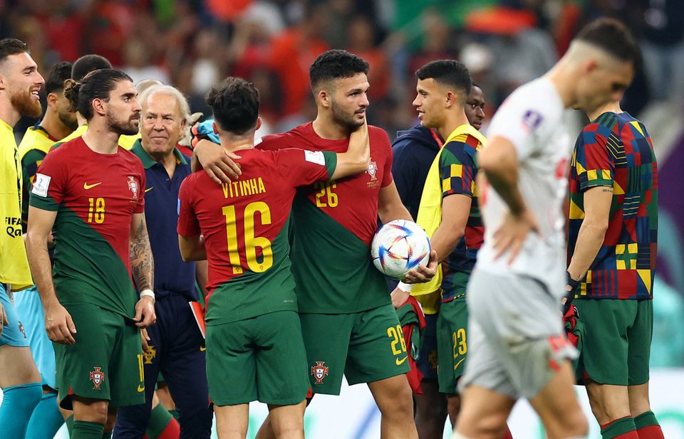Soccer Football - FIFA World Cup Qatar 2022 - Round of 16 - Portugal v Switzerland - Lusail Stadium, Lusail, Qatar - December 6, 2022 Portugal's Goncalo Ramos holds the match ball at full time after scoring a hat-trick. Photo: Reuters