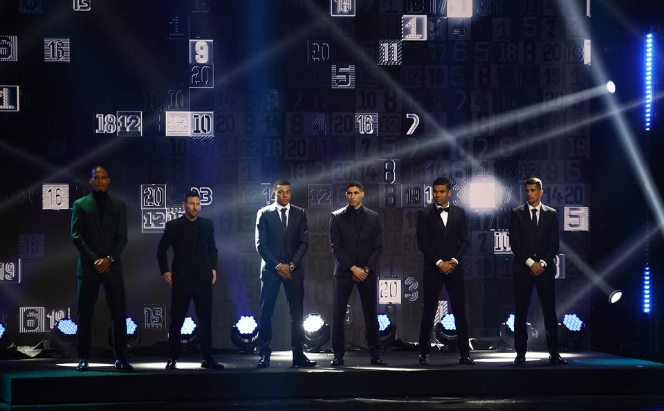 Soccer Football - The Best FIFA Football Awards - Salle Pleyel, Paris, France - February 27, 2023 The FIFA World 11 Virgil van Dijk, Lionel Messi, Kylian Mbappe, Achraf Hakimi, Casemiro and Joao Cancelo at the Best FIFA Football Awards. Photo: Reuters