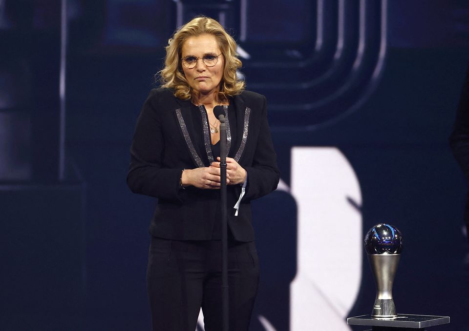 Soccer Football - The Best FIFA Football Awards - Salle Pleyel, Paris, France - February 27, 2023 England manager Sarina Wiegman receiving the Best Women's Coach award at the Best FIFA Football Awards. Photo: Reuters