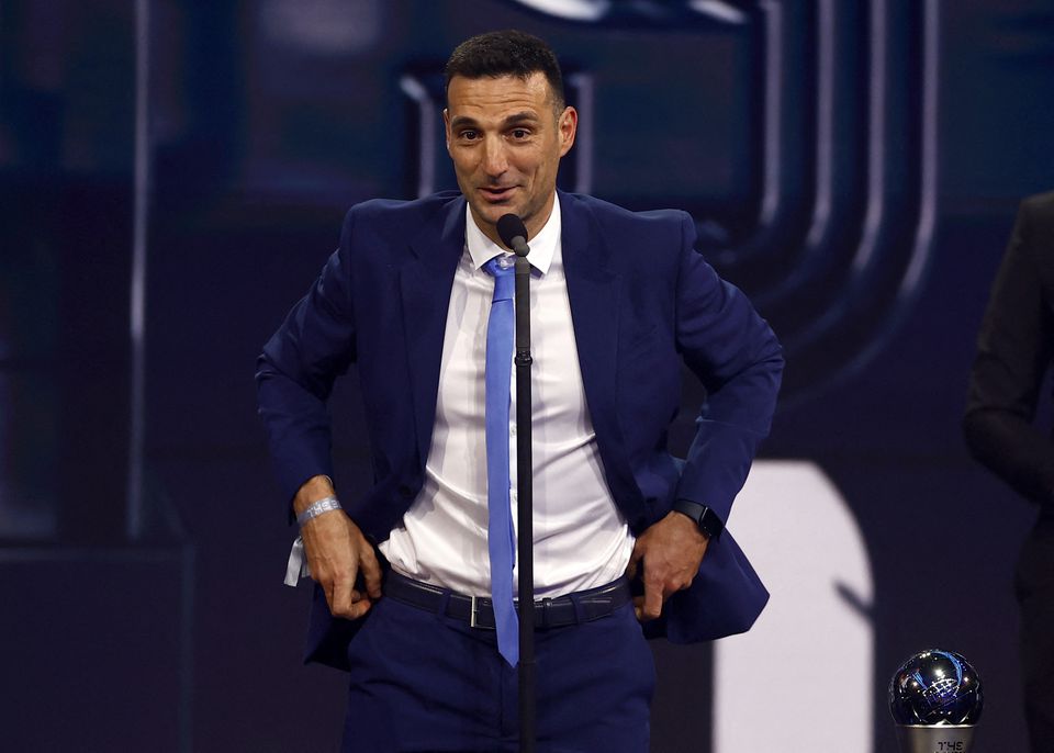 Soccer Football - The Best FIFA Football Awards - Salle Pleyel, Paris, France - February 27, 2023 Argentina coach Lionel Scaloni receives the Best Coach award at the Best FIFA Football Awards. Photo: Reuters