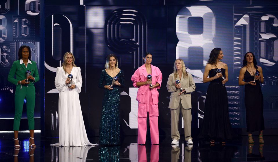 Soccer Football - The Best FIFA Football Awards - Salle Pleyel, Paris, France - February 27, 2023 The FIFA Women´s World 11 Christiane Endler, Lucy Bronze, Mapi Leon, Wendie Renard, Leah Williamson, Lena Oberdorf, Alexia Putellas, Keira Walsh, Sam Kerr, Beth Mead and Alex Morgan at the Best FIFA Football Awards. Photo: Reuters