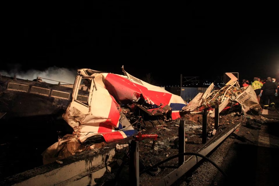 The site of a crash, where two trains collided, is seen near the city of Larissa, Greece, March 1, 2023. Photo: Reuters