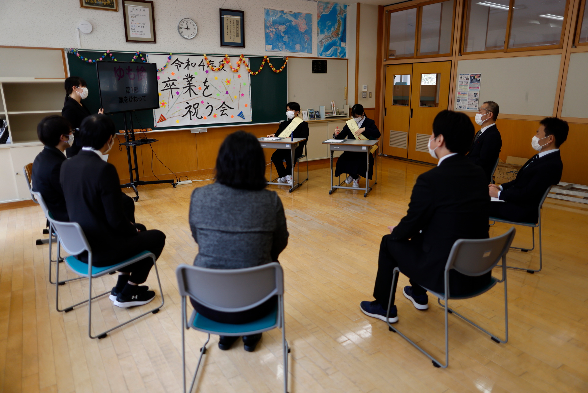 Eita, Aoi and their teachers attend a special celebratory class a few days before graduation and the school’s closing ceremony, in Ten-ei Village, Fukushima Prefecture, Japan, March 9, 2023. Photo: Reuters