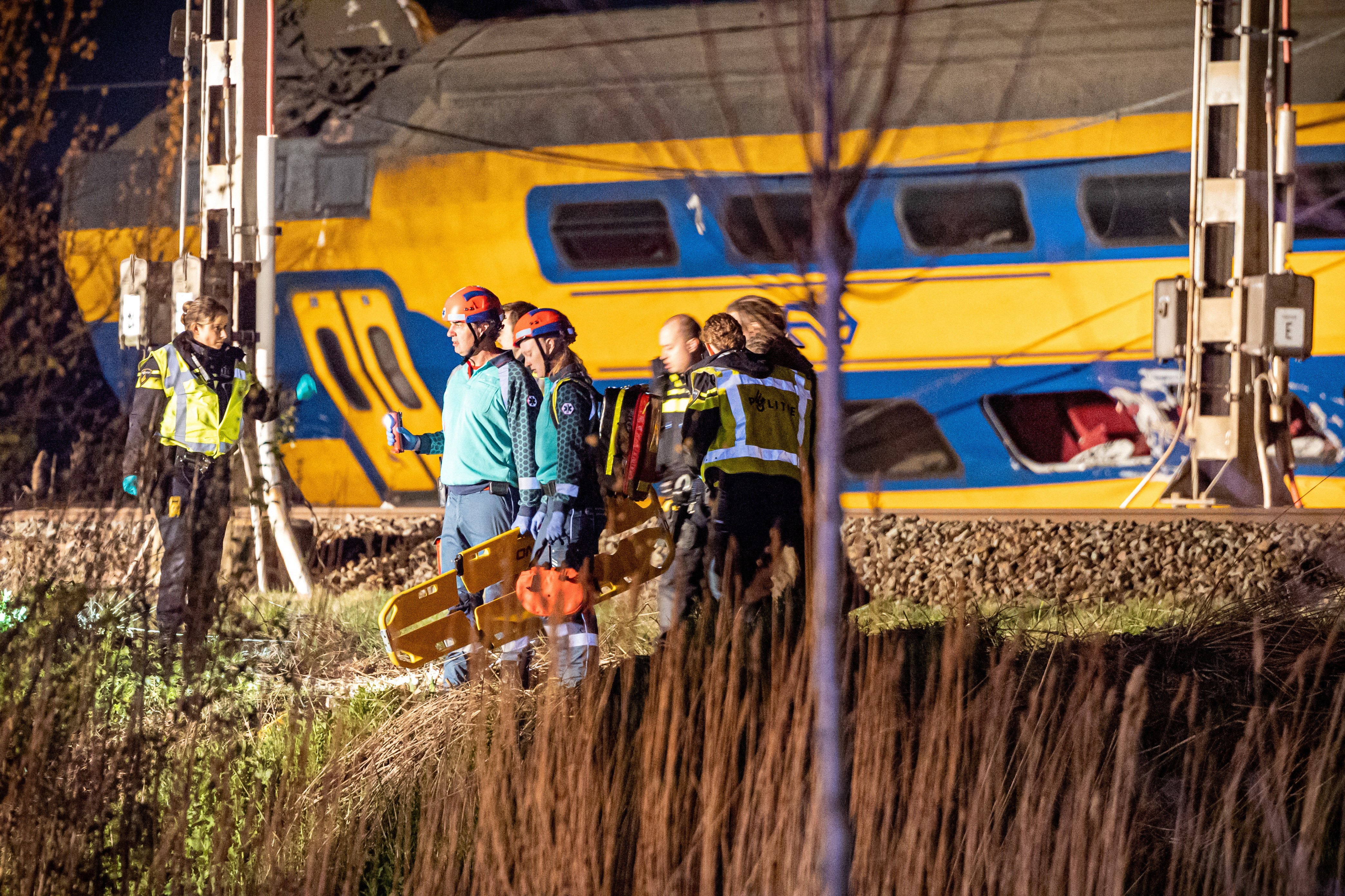 A general view shows rescue operations underway following the derailment of a passenger train after it hit construction equipment on the track, in Voorschoten, Netherlands April 4, 2023 in this picture obtained from social media. Photo: Reuters