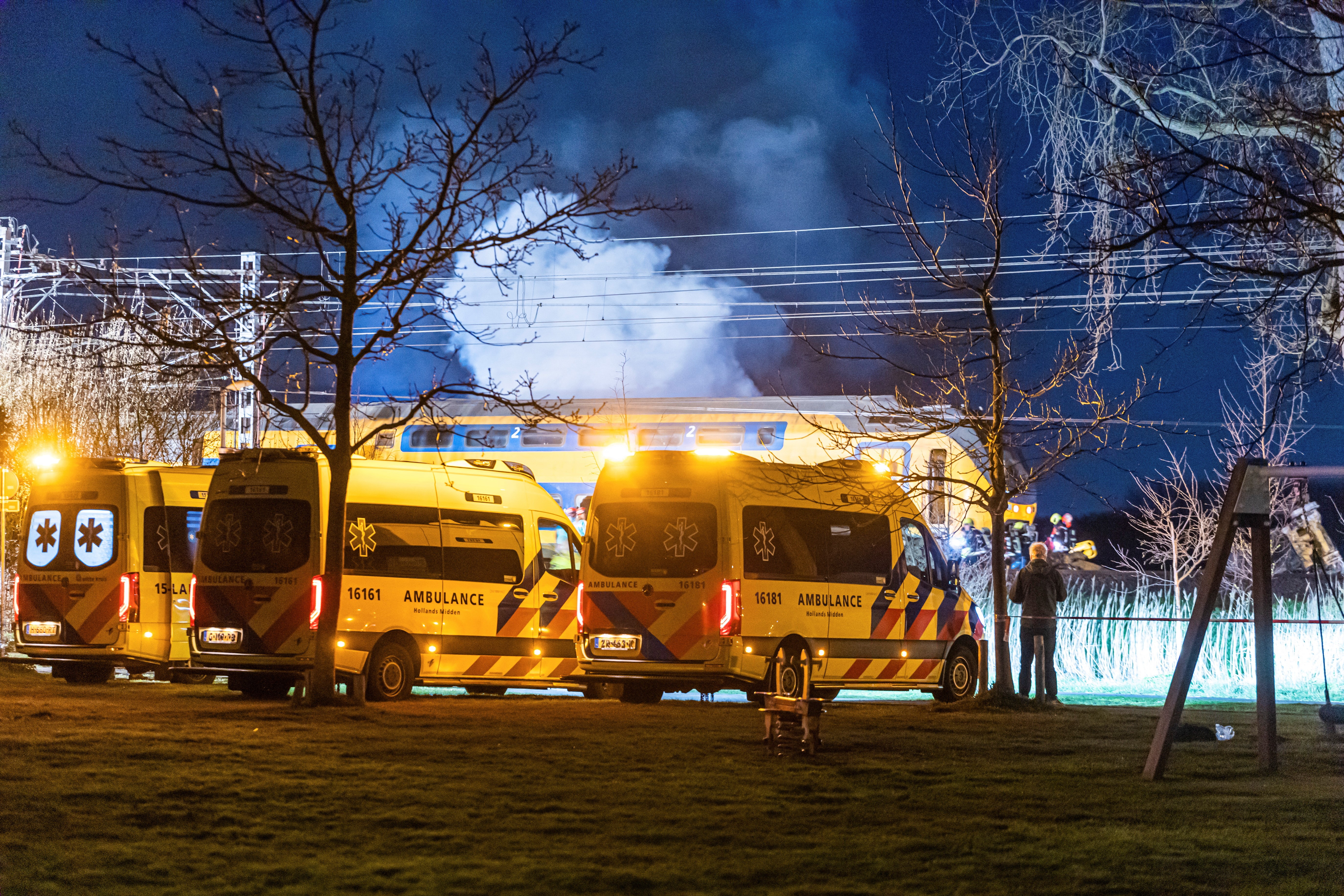 A general view shows rescue operations underway following the derailment of a passenger train after it hit construction equipment on the track, in Voorschoten, Netherlands April 4, 2023 in this picture obtained from social media. Photo: Reuters