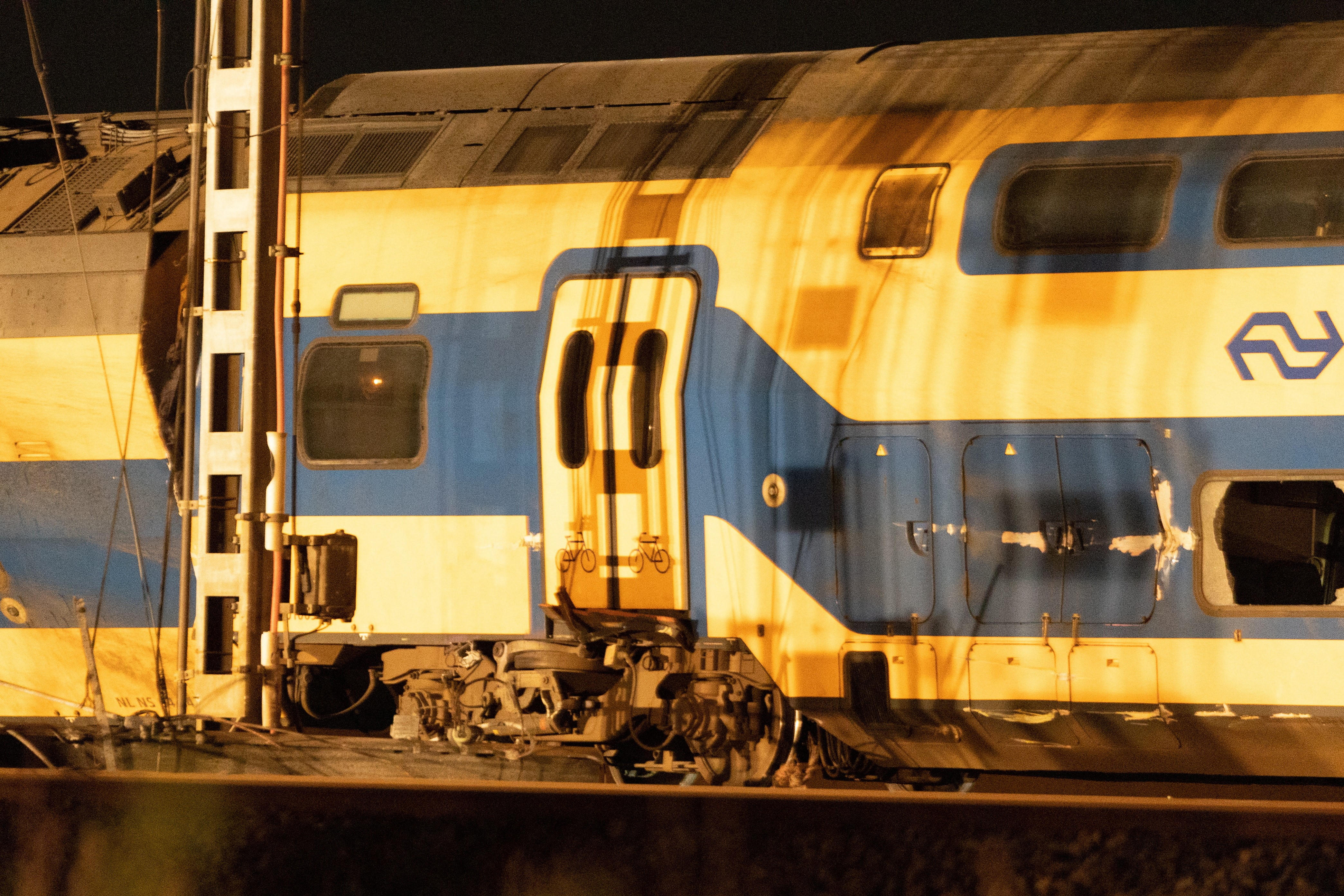 A general view shows aftermath following the derailment of a passenger train after it hit construction equipment on the track, in Voorschoten, Netherlands April 4, 2023 in this picture obtained from social media. Photo: Reuters