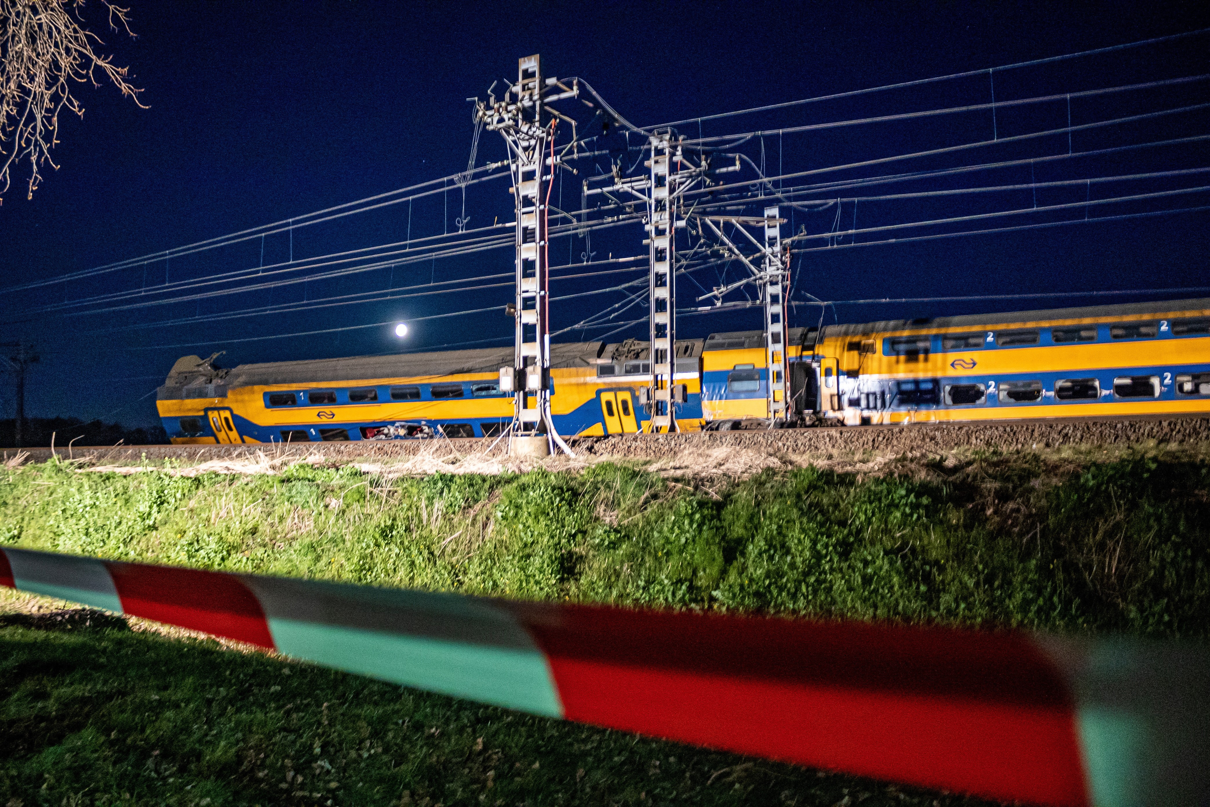 A general view shows aftermath following the derailment of a passenger train after it hit construction equipment on the track, in Voorschoten, Netherlands April 4, 2023 in this picture obtained from social media. Photo: Reuters
