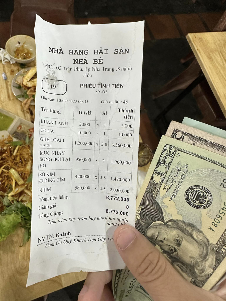 The bill for 11.8 kilograms of seafood. Photo: Screenshot