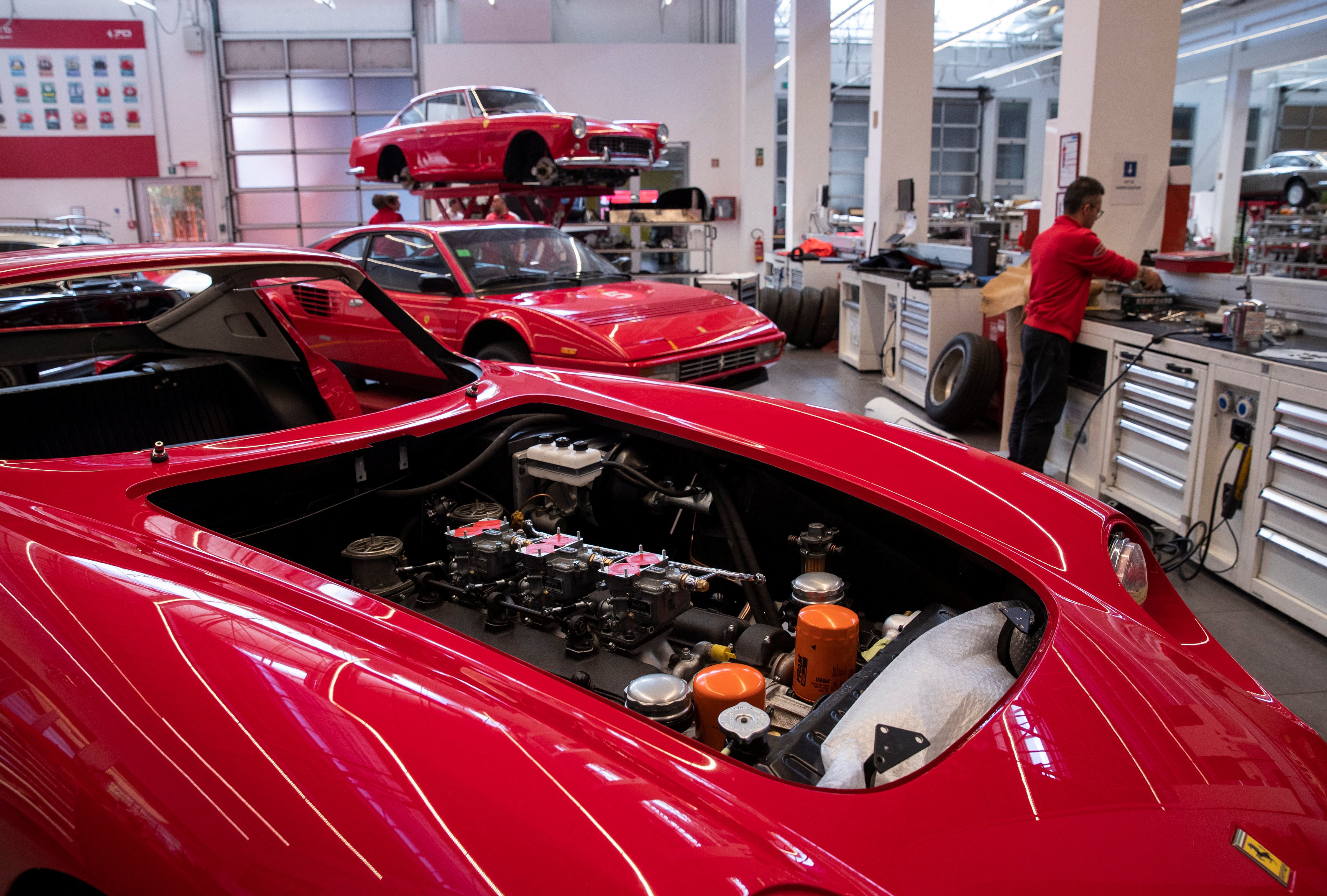 A Ferrari Classiche car is pictured in a garage at the Ferrari factory in Maranello, Italy, April 6, 2023. Photo: Reuters