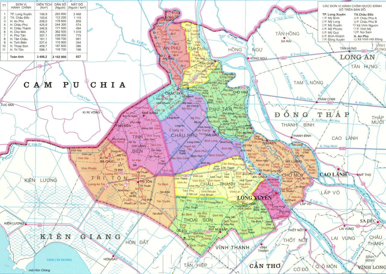 An Giang Province is located in the Long Xuyen quadrangle, covering an area of 3,536 square kilometers, with a border of 100 kilometers with Cambodia. Photo: An Giang Information Portal