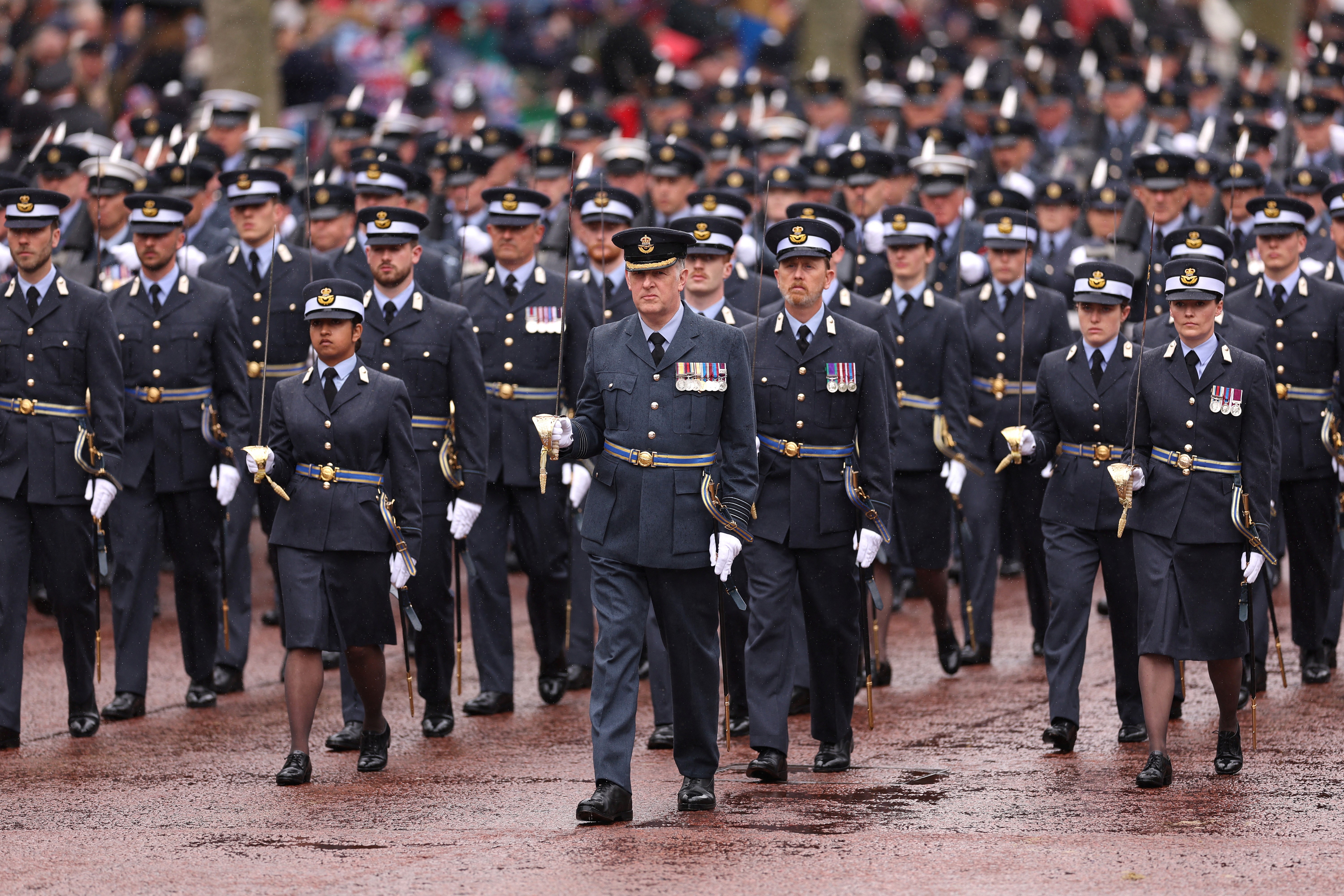 Members of the Royal Air Force marching during the Coronation of King Charles III and Queen Camilla on May 06, 2023 in London, England. The Coronation of Charles III and his wife, Camilla, as King and Queen of the United Kingdom of Great Britain and Northern Ireland, and the other Commonwealth realms takes place at Westminster Abbey today. Charles acceded to the throne on 8 September 2022, upon the death of his mother, Elizabeth II. Photo: Reuters