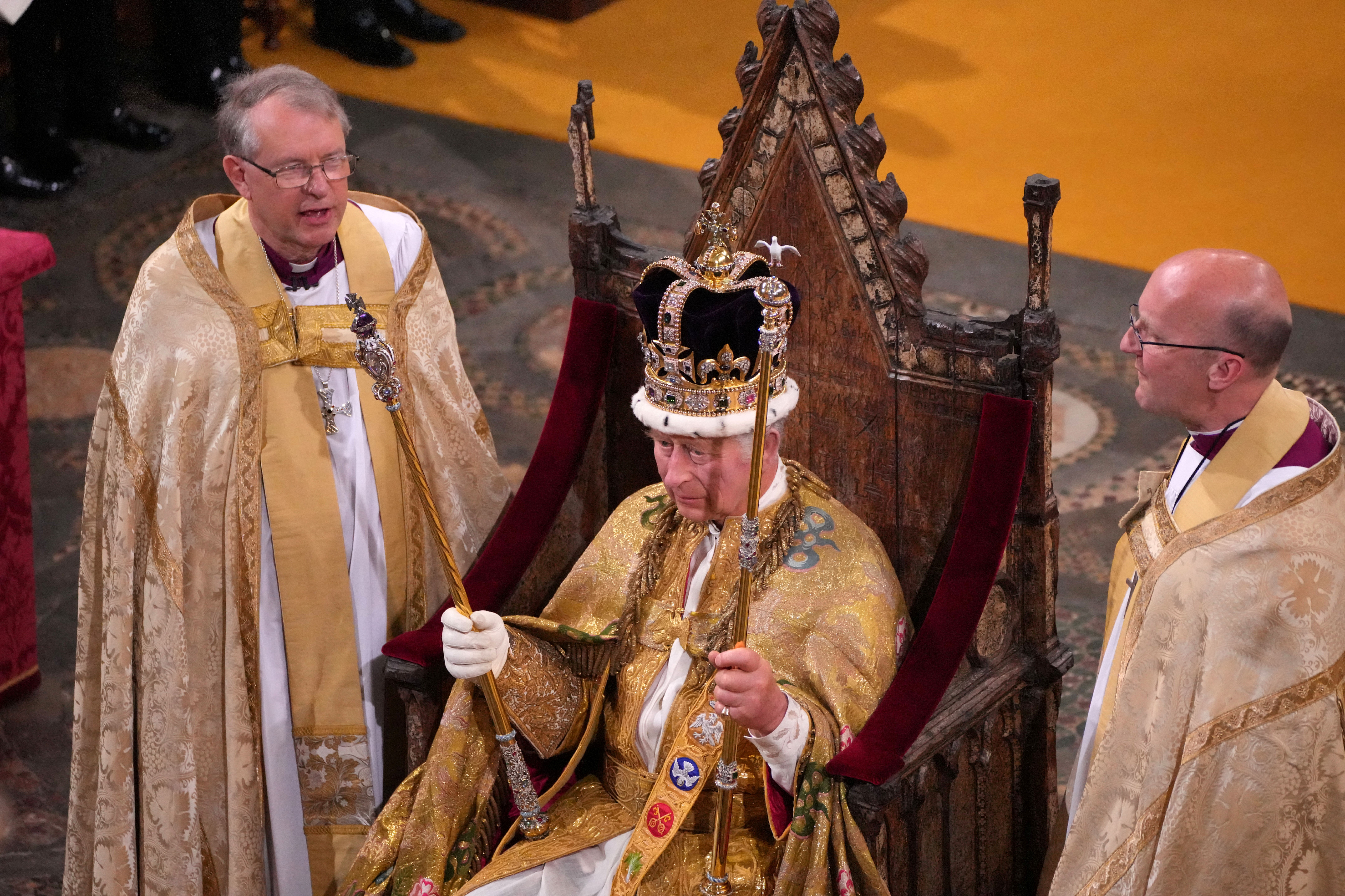 King Charles III after being crowned with St Edward's Crown by The Archbishop of Canterbury the Most Reverend Justin Welby during his coronation ceremony in Westminster Abbey, London. Picture date: Saturday May 6, 2023. Photo: Reuters