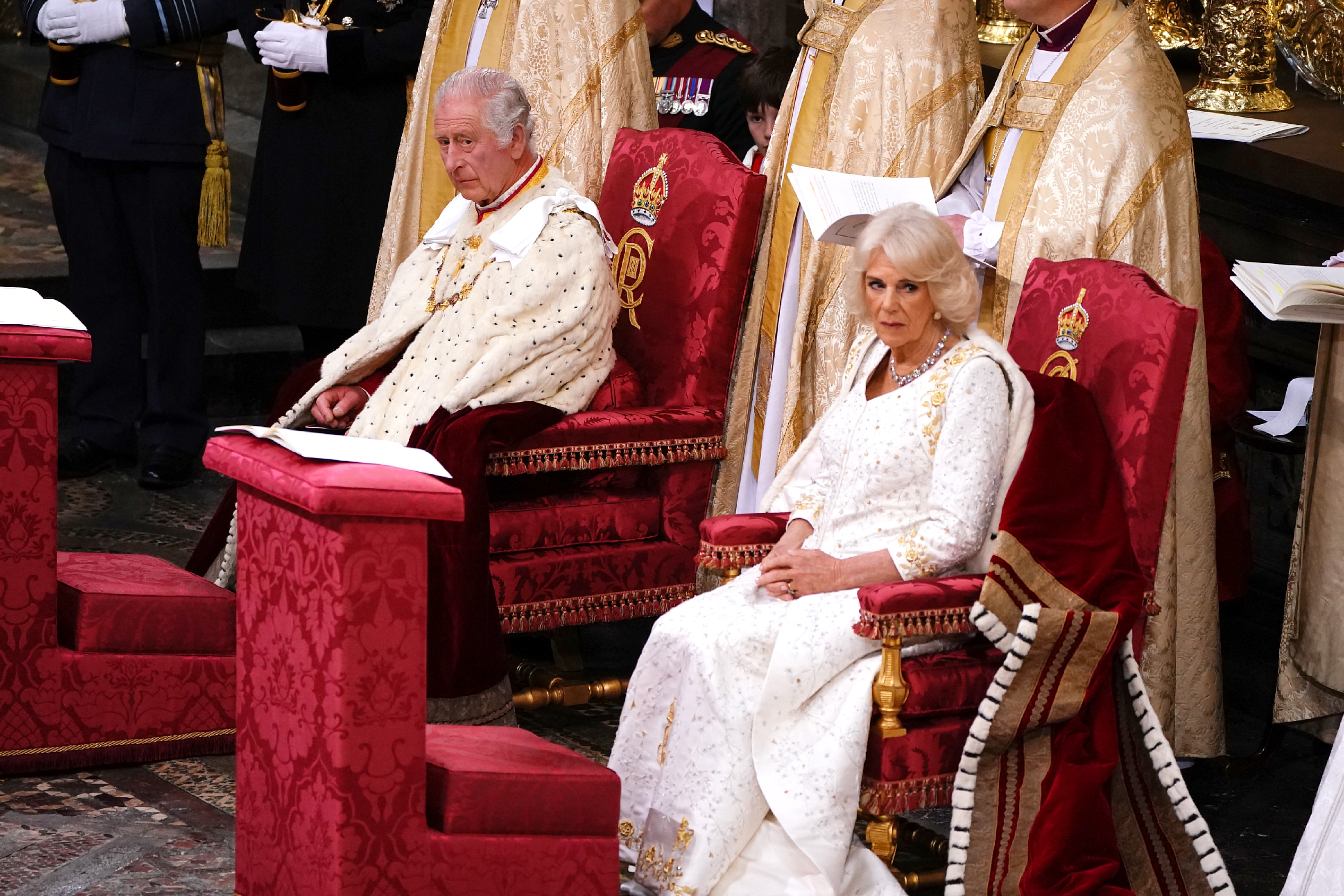 King Charles III and Queen Camilla during their coronation ceremony in Westminster Abbey, London. Picture date: Saturday May 6, 2023. Photo: Reuters