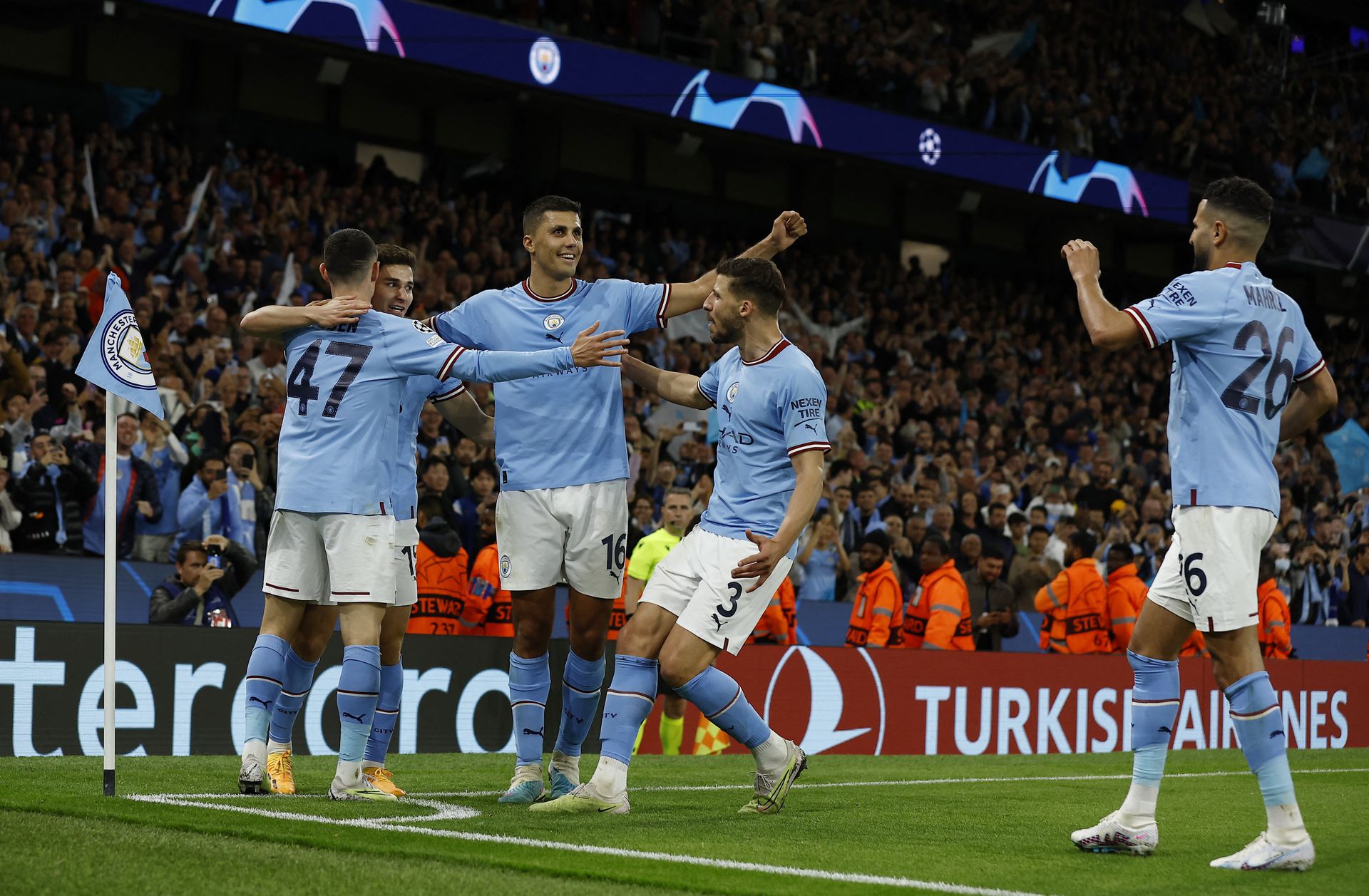 Soccer Football - Champions League - Semi Final - Second Leg - Manchester City v Real Madrid - Etihad Stadium, Manchester, Britain - May 17, 2023 Manchester City's Julian Alvarez celebrates scoring their fourth goal with Phil Foden, Rodri, Ruben Dias and Riyad Mahrez. Action Images via Reuters/Jason Cairnduff