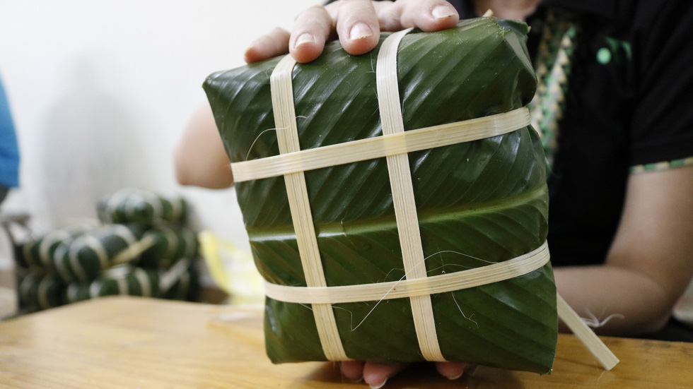 A wrapped banh chung is pictured in Ho Chi Minh City, January 2019. Photo: Tuoi Tre