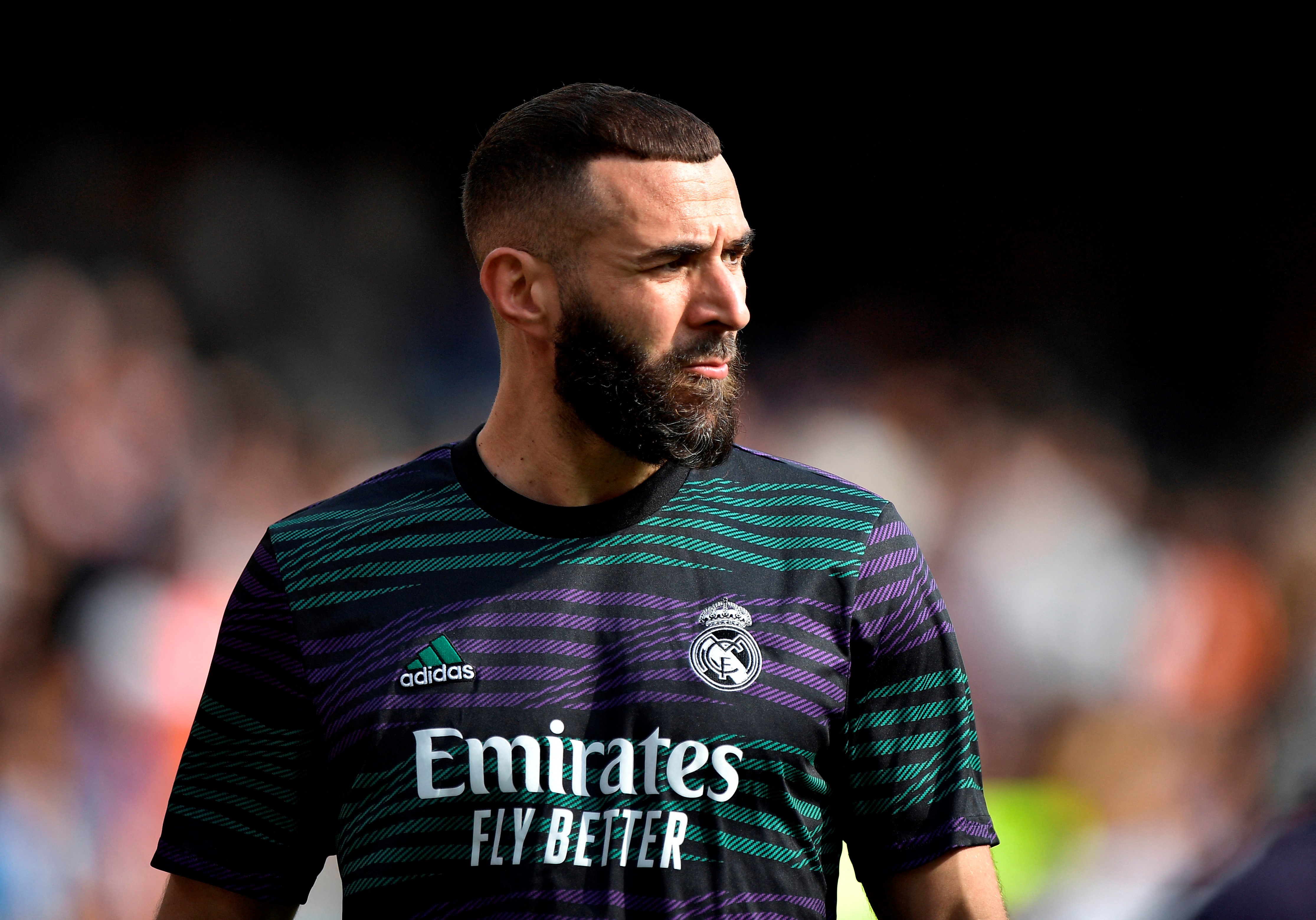 Soccer Football - LaLiga - Valencia v Real Madrid - Mestalla, Valencia, Spain - May 21, 2023 Real Madrid's Karim Benzema during the warm up before the match. Photo: Reuters