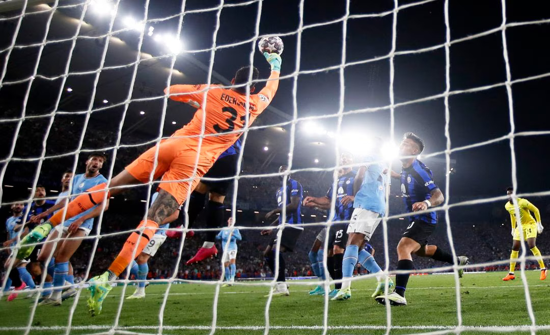Soccer Football - Champions League Final - Manchester City v Inter Milan - Ataturk Olympic Stadium, Istanbul, Turkey - June 10, 2023 Manchester City's Ederson saves from Inter Milan's Robin Gosens. Photo: Reuters
