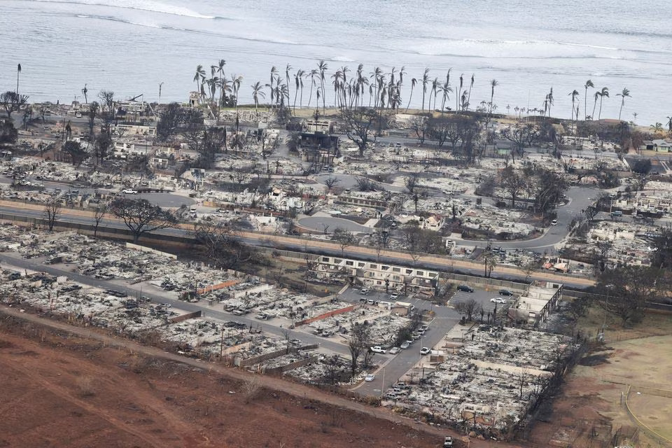 An aerial view shows the community of Lahaina after wildfires driven by high winds burned across most of the town several days ago, in Lahaina, Hawaii, U.S. August 10, 2023. Photo: Reuters