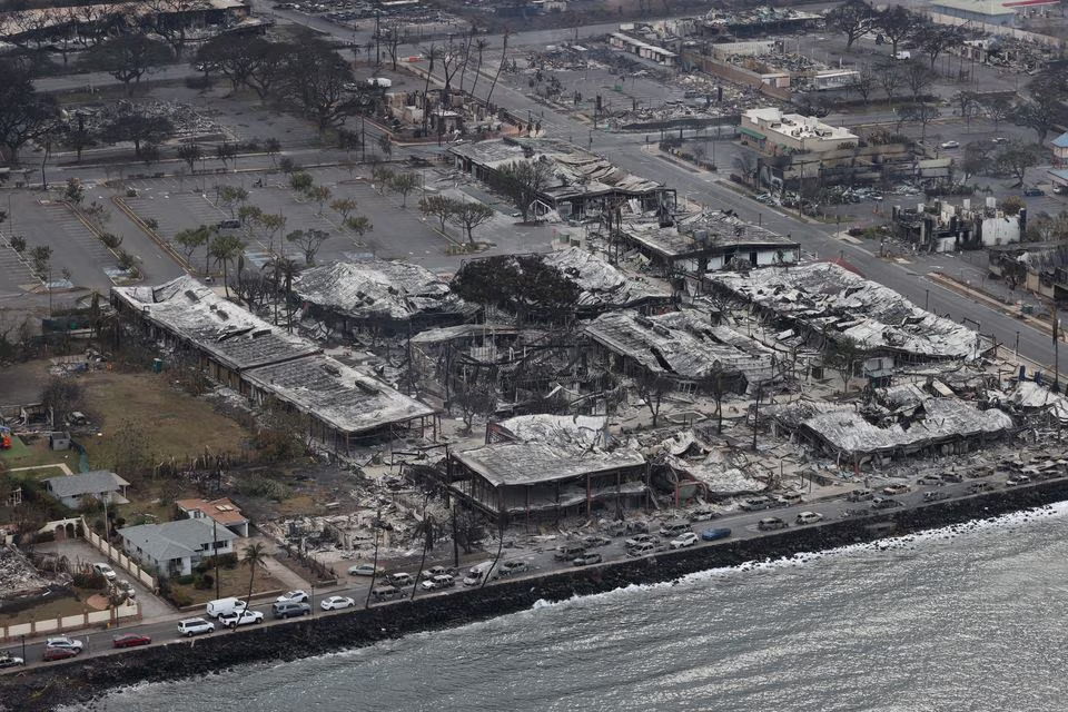 Views from the air of the community of Lahaina after wildfires driven by high winds burned across most of the town several days ago, in Lahaina, Hawaii, U.S. August 10, 2023. Photo: Reuters