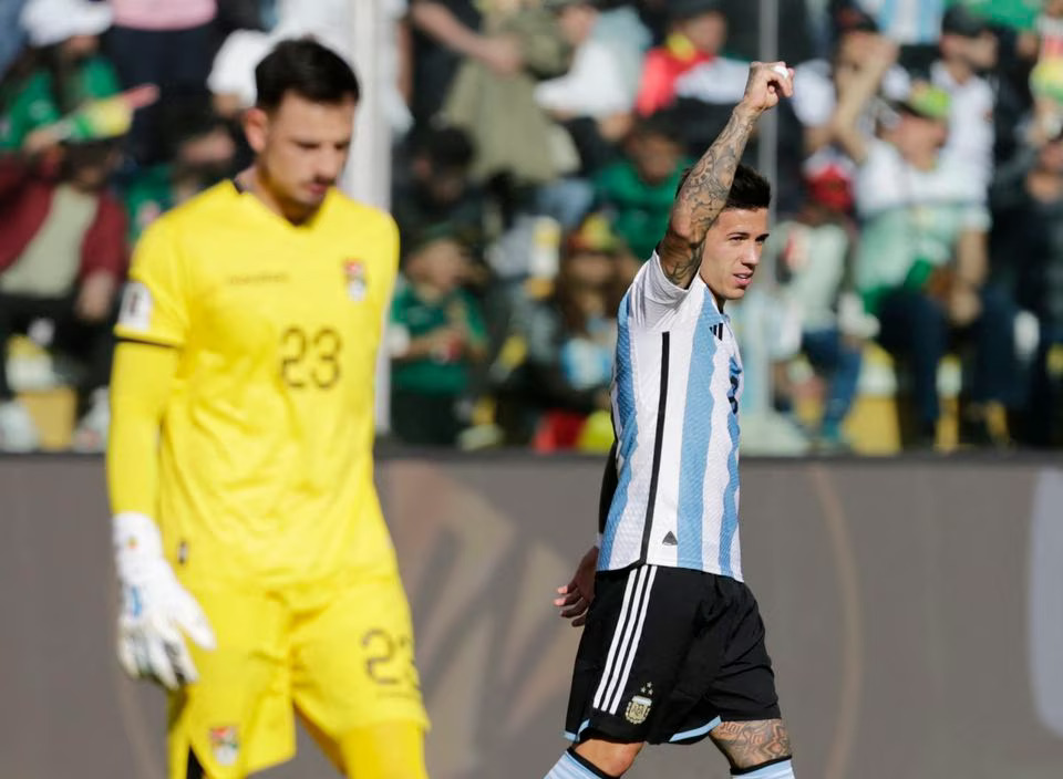 Soccer Football - World Cup - South American Qualifiers - Bolivia v Argentina - Estadio Hernando Siles, La Paz, Bolivia - September 12, 2023. Argentina's Enzo Fernandez celebrates scoring their first goal. Photo: Reuters