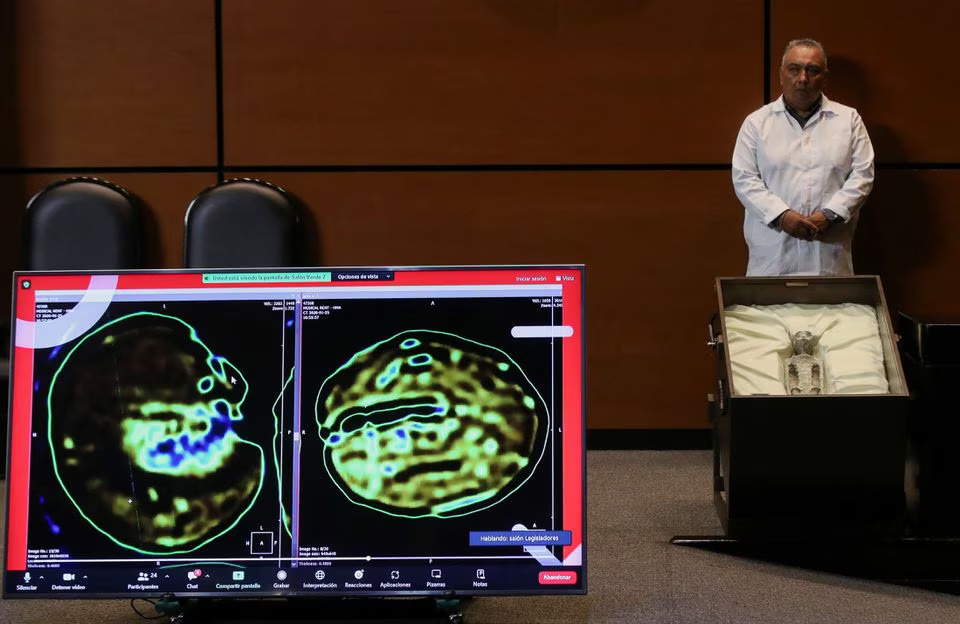 Remains of an allegedly 'non-human' being is seen on display during a briefing on unidentified flying objects, known as UFOs, at the San Lazaro legislative palace, in Mexico City, Mexico September 12, 2023. Photo: Reuters