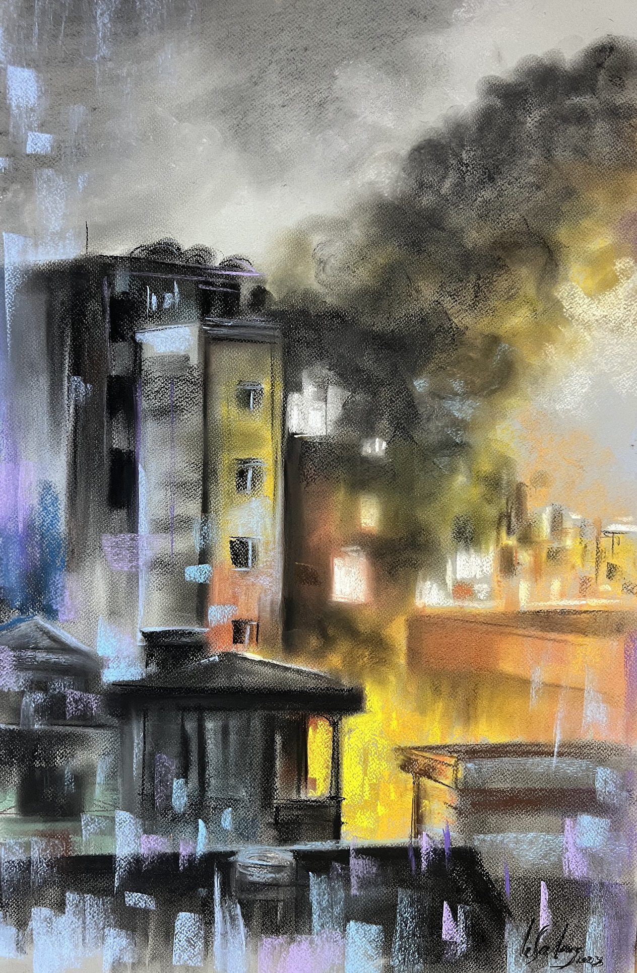 A painting by artist Le Sa Long depicts the scene of a tragic apartment building fire in Hanoi, September 2023. Photo: Supplied