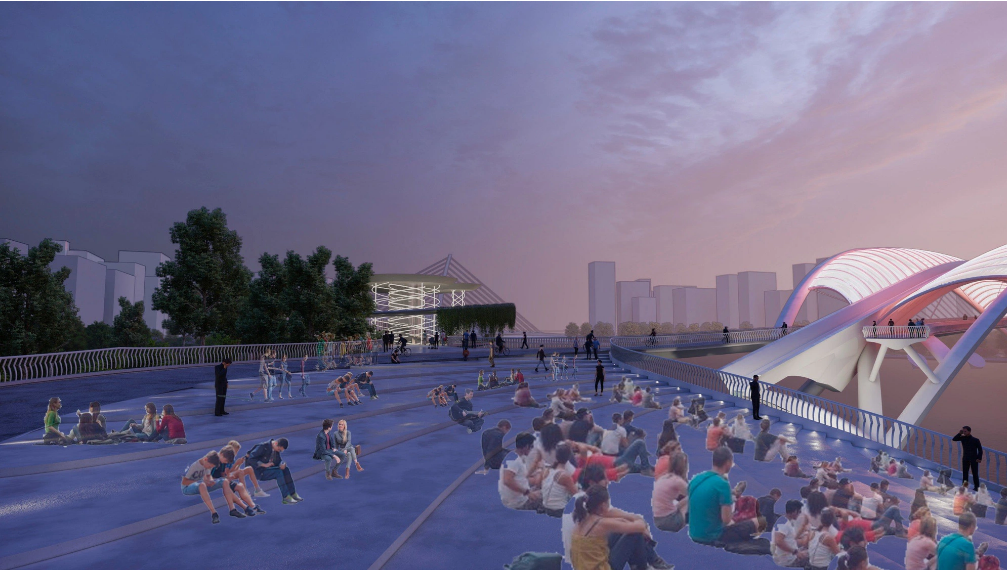 An artist’s impression of local residents on the bridge at night.