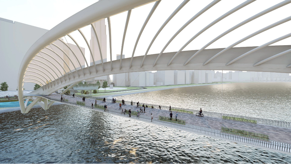The design of the pedestrian bridge allows pedestrians to have a good view.