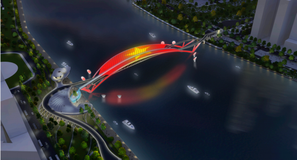 The lighting system on the bridge forms an imagery of the Vietnamese flag.