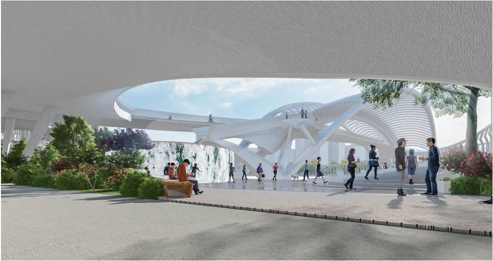 There will be miniature landscapes, trees, and benches at the foot of the footbridge.