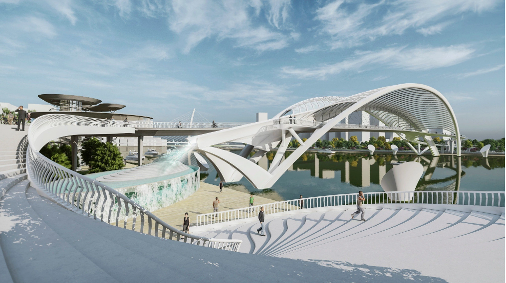 A fountain and a staircase help ensure the aesthetic of the pedestrian bridge.