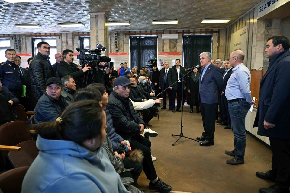 Kazakh President Kassym-Jomart Tokayev meets with relatives of miners who died in a fire at the Kostenko coal mine operated by ArcelorMittal Temirtau in Karaganda Region, Kazakhstan October 28, 2023. Press service of the President of Kazakhstan/Handout via Reuters