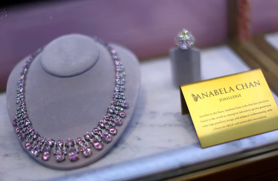 Jewellery produced from recycled and refined aluminium and sustainable lab-grown gemstones by jeweller Anabela Chan are displayed in her boutique in London, Britain, December 13, 2023. Photo: Reuters