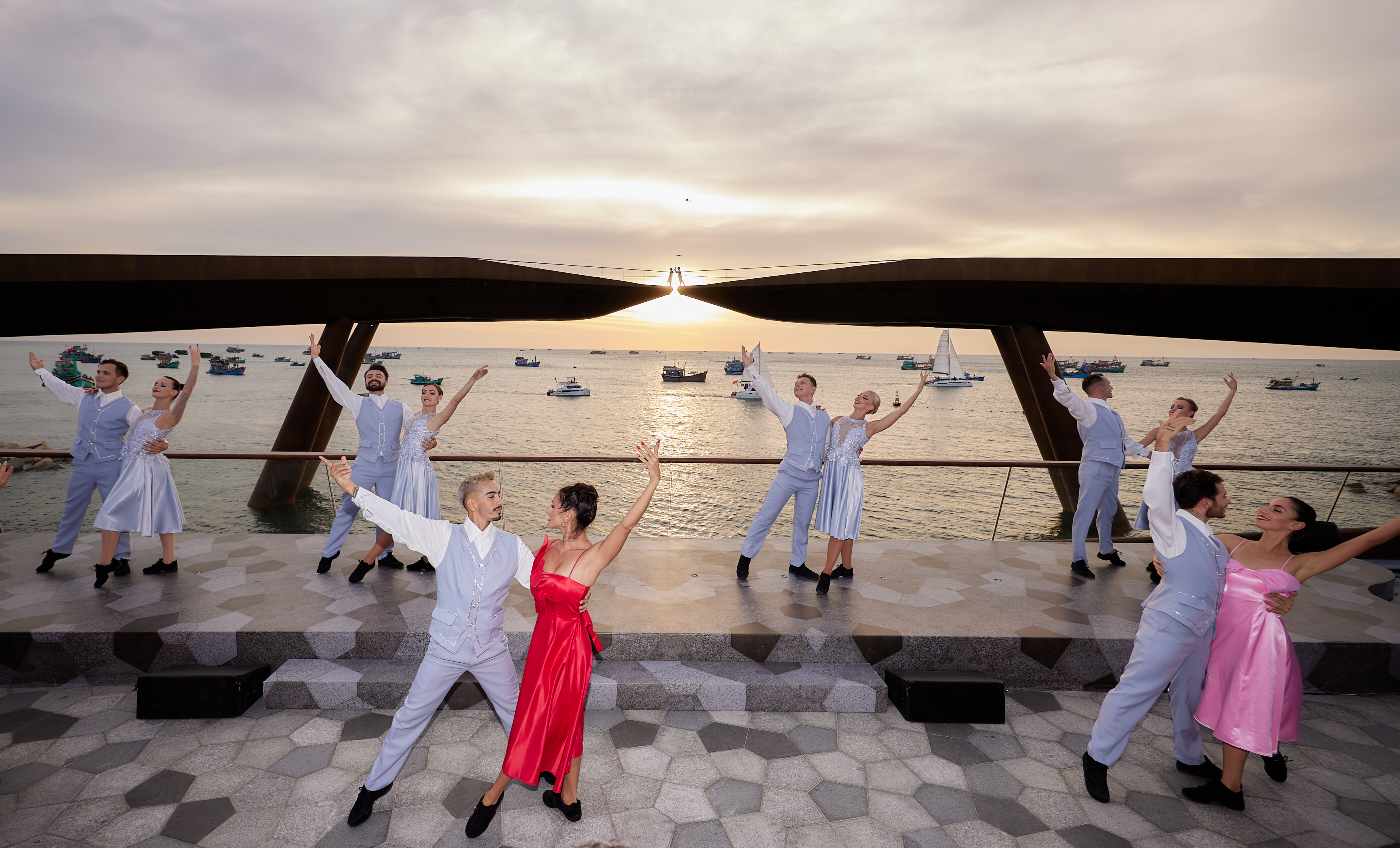 A marvelous moment at the inauguration of the Kiss Bridge in Sunset Town on Phu Quoc Island, southern Vietnam