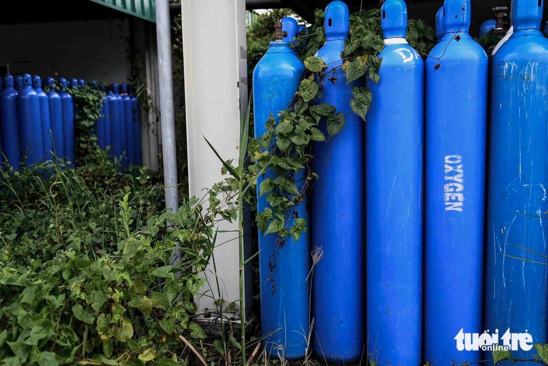 Weeds grown in the area storing 10,000 oxygen cylinders for COVID-19 treatment at the Field Hospital No. 13 in Ho Chi Minh City’s Binh Chanh District. On October 27, the Ho Chi Minh City Department of Health said it had advised the municipal People's Committee to issue a decision to dissolve the hospital which is considered the last vestige of the pandemic in Vietnam. Photo: Phuong Quyen / Tuoi Tre