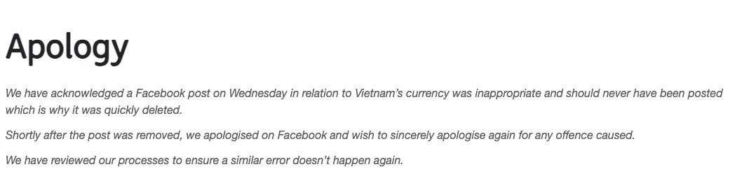 A screenshot of an apology from Australian low-cost carrier Jetstar.