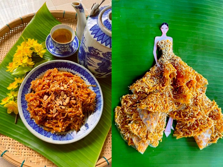 A design featuring a mullet dress made using 'mứt chuối ngào' (banana shreds cooked in sugar) and festooned with sesame seeds by Nguyen Minh Cong.