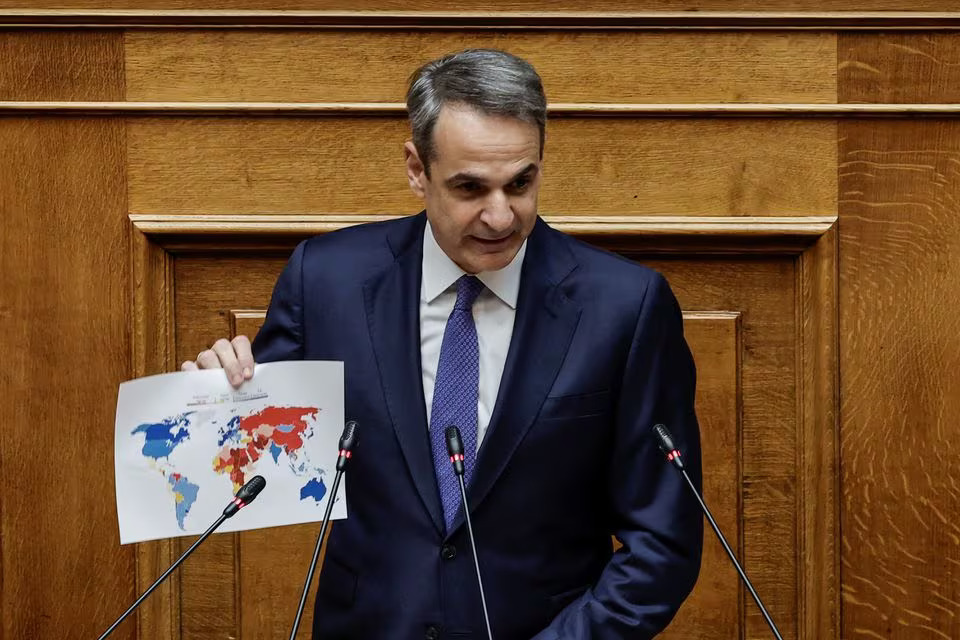 Greek Prime Minister Kyriakos Mitsotakis speaks at the Greek parliament, ahead of a vote on a bill which would legalise same-sex civil marriage, in Athens, Greece, February 15, 2024. Photo: Reuters