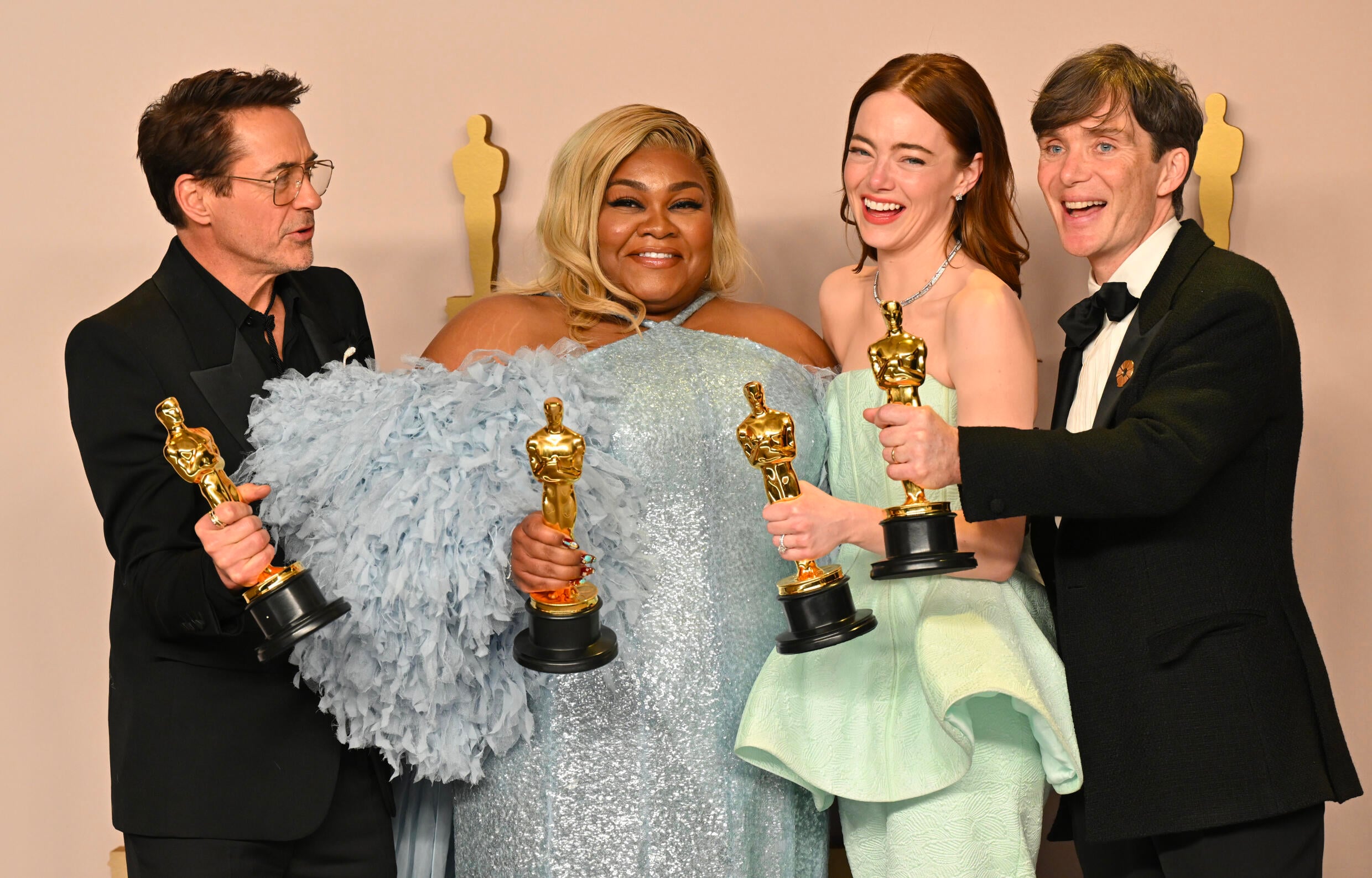 The Oscar-winning actors of the night are (L-R) Robert Downey Jr ('Oppenheimer'), Da'Vine Joy Randolph ('The Holdovers'), Emma Stone ('Poor Things') and Cillian Murphy ('Oppenheimer'). Photo: AFP