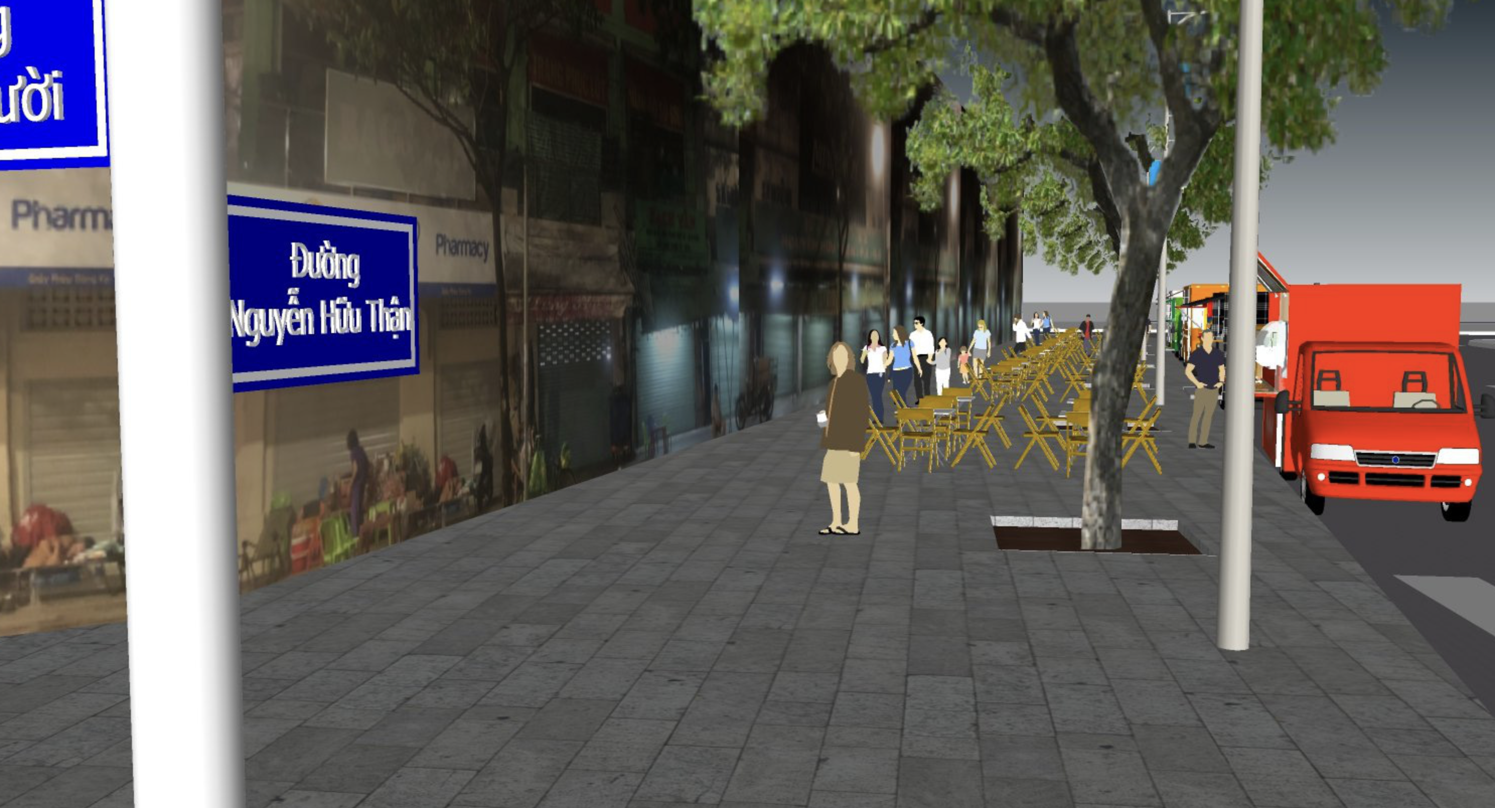 An artist’s impression of Nguyen Huu Thuan Street opposite the main gate of Binh Tay Market. The street will have 14 food trucks to serve locals and tourists at night after the night quarter is opened. The street is now quiet in the evening. Photo: Thao Le / Tuoi Tre