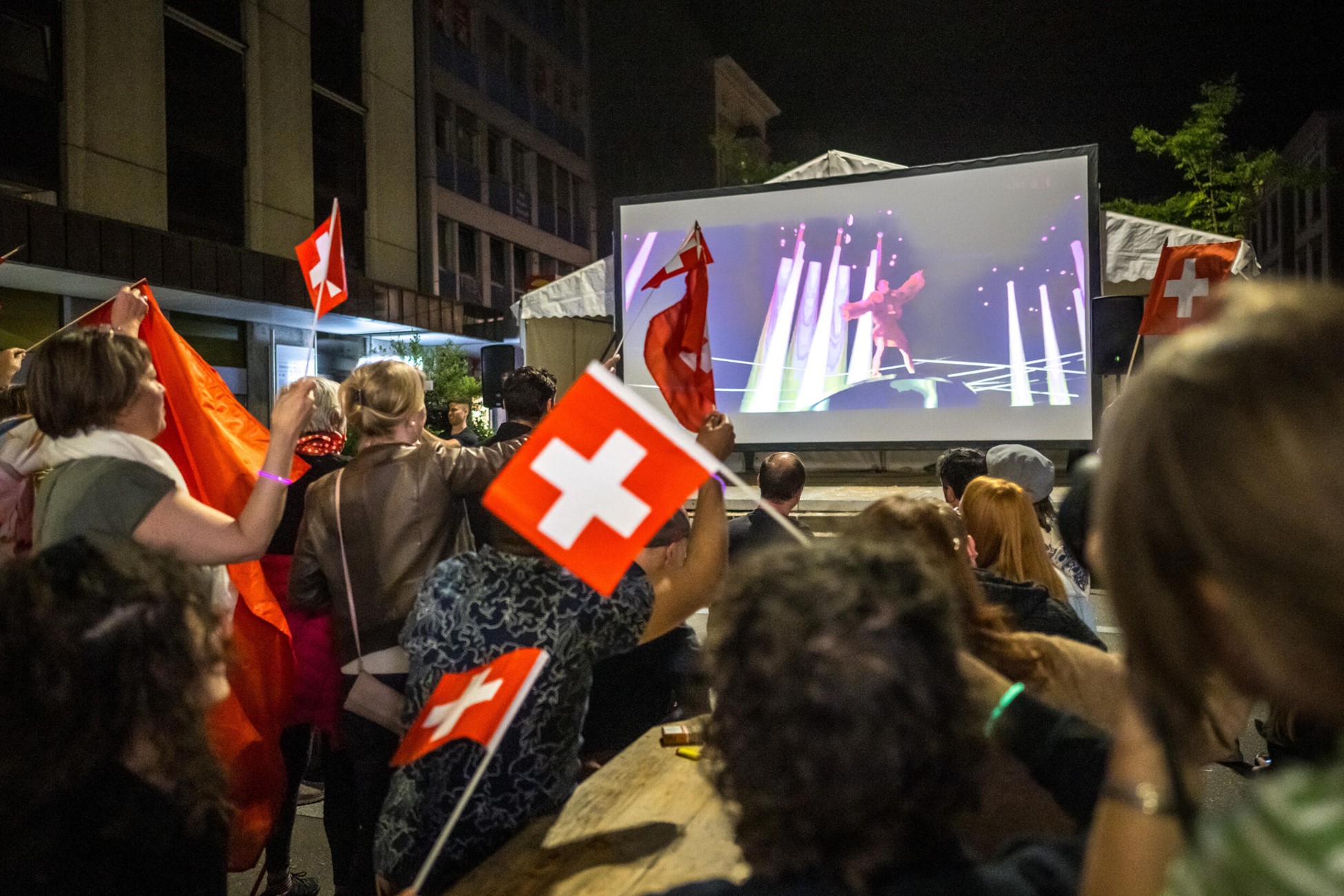 Supporters watched Nemo's performance on a giant screen in Biel/Bienne. Photo: AFP