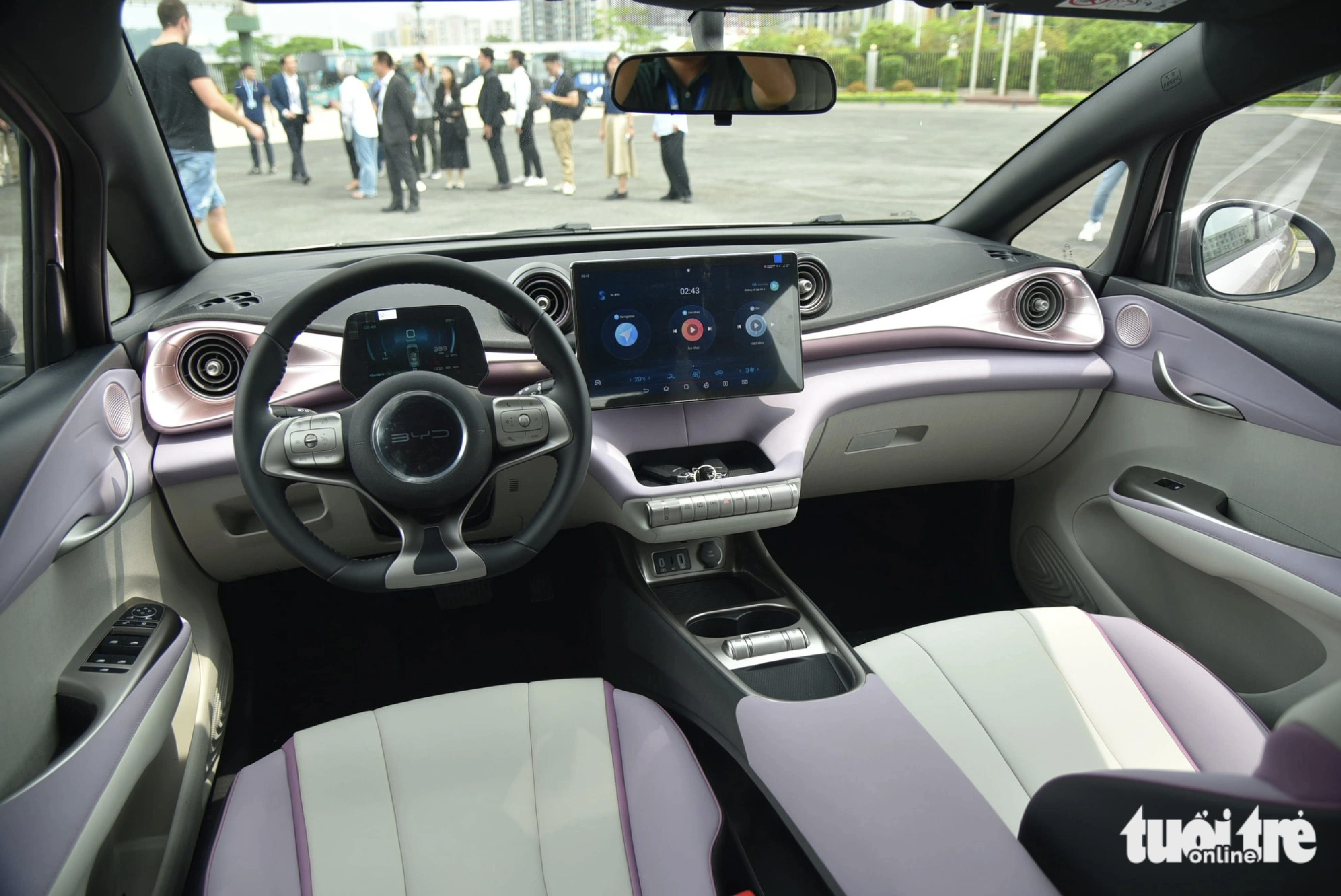 The BYD Dolphin, a battery electric hatchback, boasts a 12.8-inch rotatable touch screen. Photo: Lee Hoang / Tuoi Tre