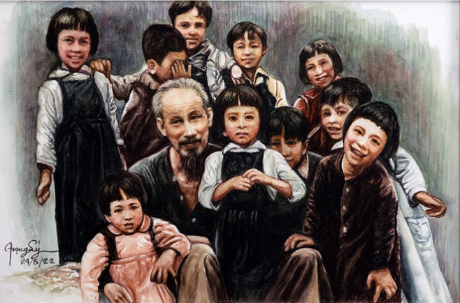 A painting of Uncle Ho with children by Dao Trong Ly.