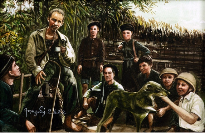 A painting of Uncle Ho (L, 2nd) with Vietnamese soldiers.