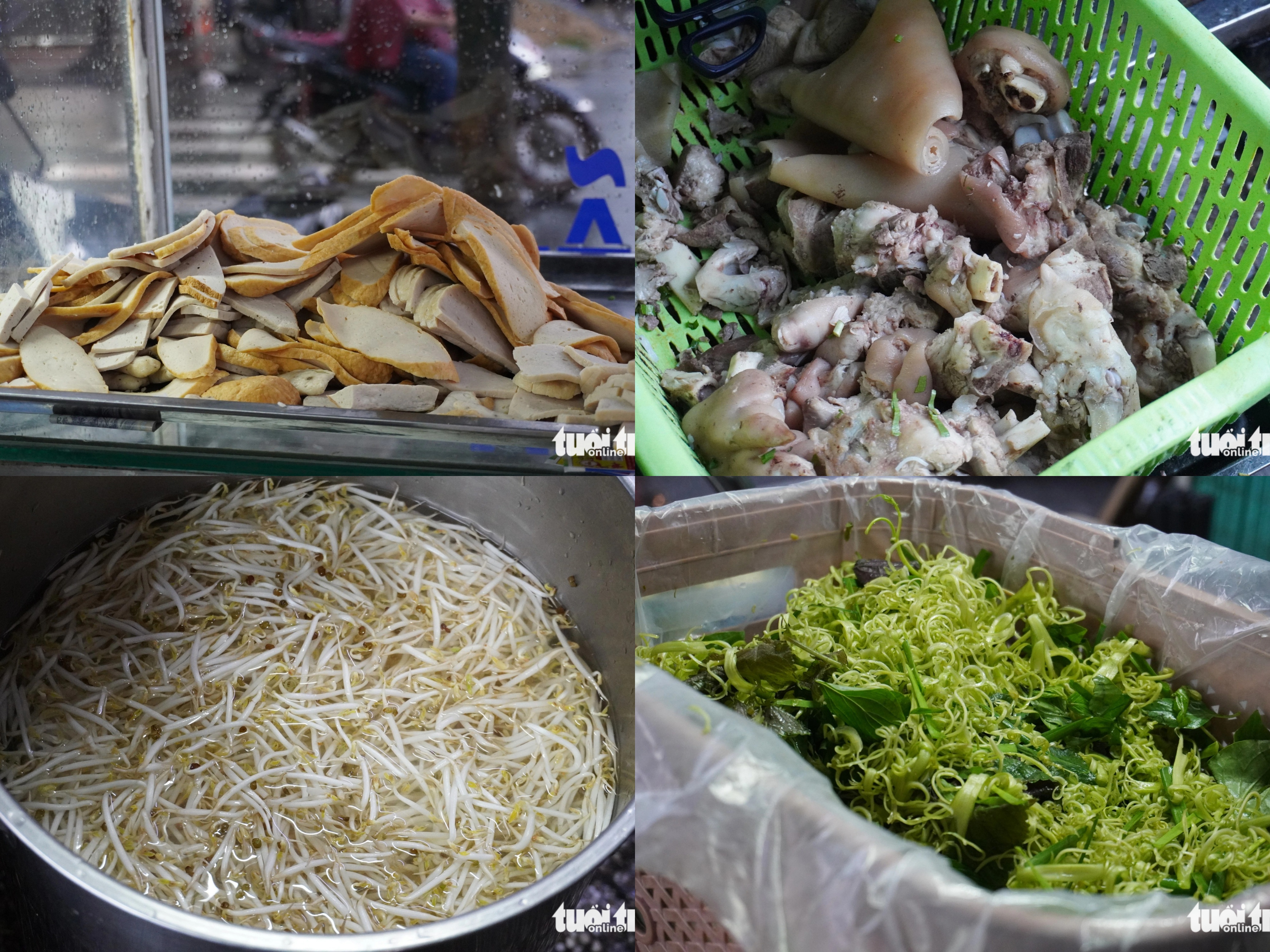 Sausage, pork leg, pork skin, and vegetables are served alongside bowls of ‘bún riêu cua’ (Vietnamese minced crab vermicelli soup) at Nga’s shop on Nguyen Huu Hao Street in District 4, Ho Chi Minh City. Photo: Thuy Linh / Tuoi Tre